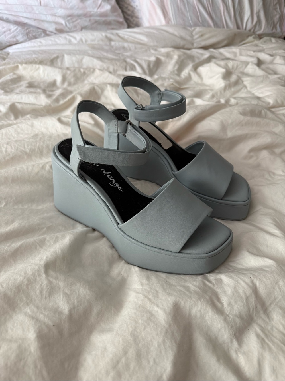 Platform Ankle-Strap Wedge Sandals in Light Blue